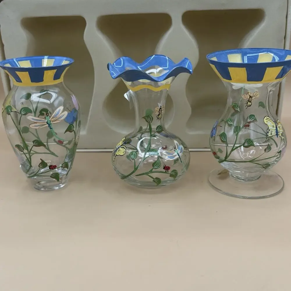 Lenox Hand Painted Glass Bud Vases Blue Yellow Butterfly Floral Design Set of 3